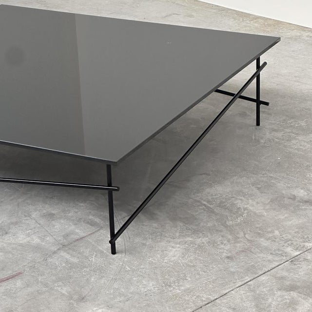 Minimalist Black Glass Coffee Table with Industrial Metal Base For Sale - Image 6 of 11