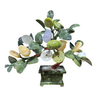 Vintage Carved Jade Color Soap Stone Bonsai Lucky Money Tree 11" H For Sale