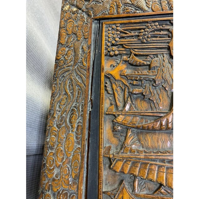 Vintage Chinese Camphor Chest Trunk or Coffee Table Hand Carved W Boats Ships For Sale - Image 9 of 9