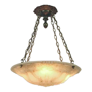 Early American 20th Century Glass as Alabaster Bowl Pendant, All-Original Hardware
