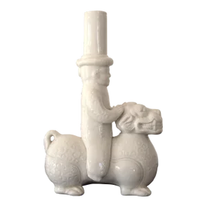 Chinese Jin Dynasty Reproduction Warrior on Guardian Lion Porcelain Candlestick