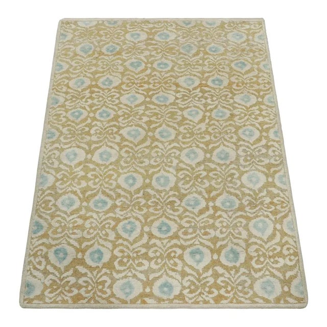 2010s Rug & Kilim’s Block Print Rug in Soft Gold, Beige and Blue Floral Motifs For Sale - Image 5 of 7