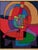 A striking vintage needlepoint artwork featuring an abstract Cubist-inspired portrait composed of bold geometric shapes...