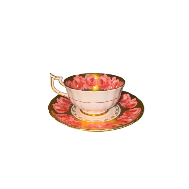 1950s Royal Chelsea ‘Pink Cabbage Roses’ Teacup & Saucer Set - Gold English Bone China For Sale - Image 9 of 10