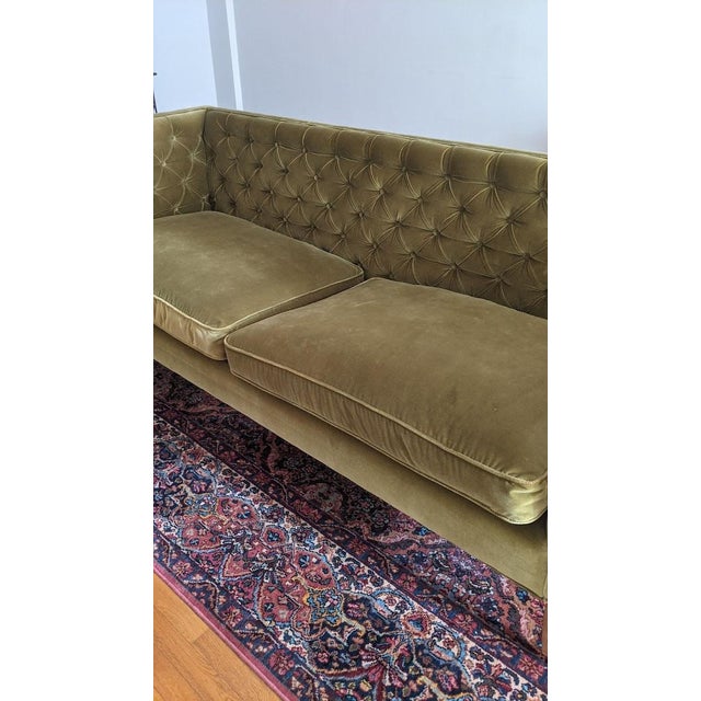 Olive Green Velvet Tufted Sofa For Sale - Image 4 of 8