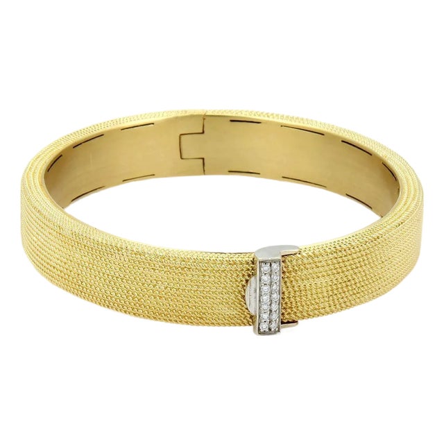 Roberto Coin 18k Two Tone Gold Diamond Wide Textured Bangle Bracelet For Sale