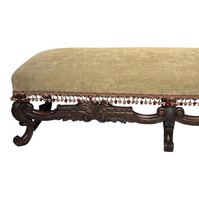 European Restauration Period Style Upholstered Bench. Hand carved walnut, recently re-upholstered in a high quality...