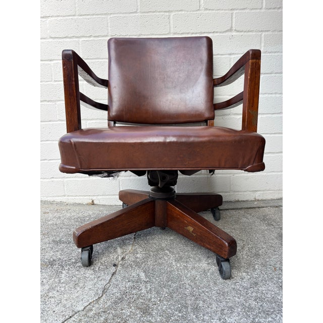 Animal Skin Midcentury Modern 1940s Leather Vintage Swivel Office or Library Desk Chair For Sale - Image 7 of 8
