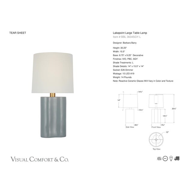 Barbara Barry by Visual Comfort Signature Lakepoint Large Table Lamp in Sky Gray with Linen Shade Designer: Barbara Barry...