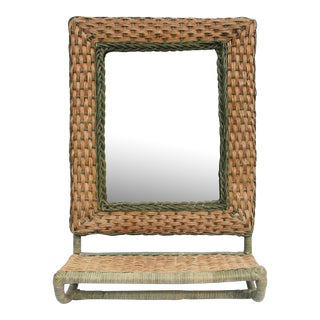 Woven Rattan Wall Mirror With Shelf and Towel Bar For Sale