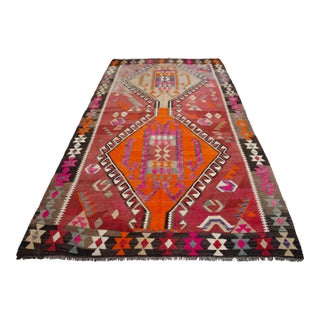 5x11 Turkish Rug, Handwoven Wool Kilim in Muted Red & Bright Orange, Eastern Anatolian Tribal Art, Rustic Farmhouse Decor For Sale