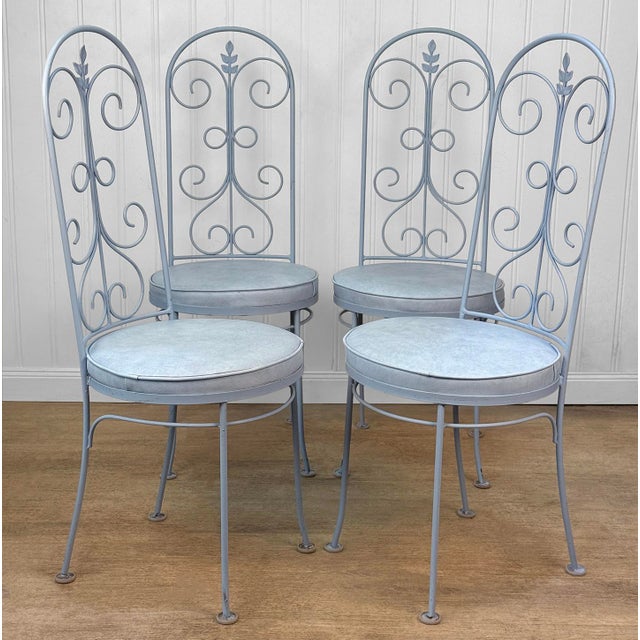 Vintage French Blue Wrought Iron Tall Back Garden Patio Chairs - Set of 4 For Sale - Image 4 of 13