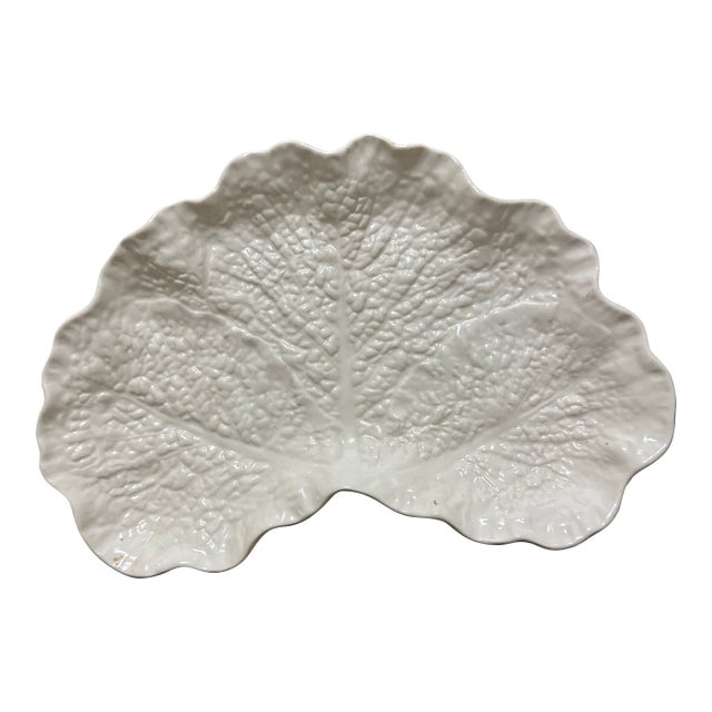 Vintage Spode Savoy White Crescent Plate or Trinket Tray Embossed Cabbage Leaf England For Sale