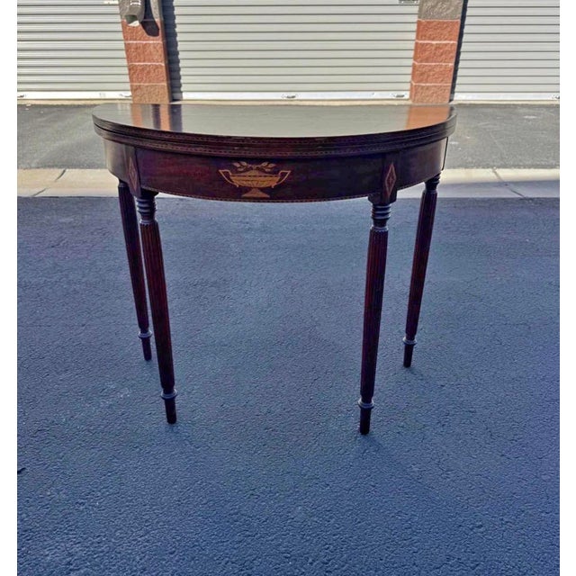 Early 20th Century Sheraton-Style Demilune Flip-Top Console / Game Table With Urn Inlay For Sale - Image 5 of 6