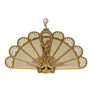 Brass Fireplace Screen Peacock Fan With Cherub Detail – Large, Polished Vintage For Sale