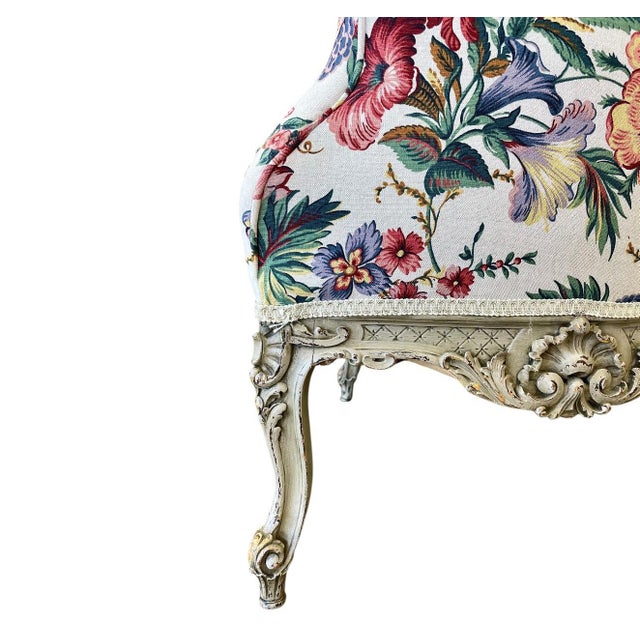 Late 19th Century Finely Carved Louis XV Style Wing Chairs in Floral Linen - a Pair For Sale - Image 10 of 11