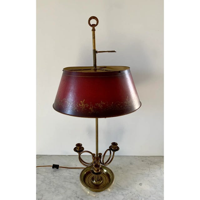 Metal Mid 20th Century French Provincial Brass Three-Arm Horn Bouillotte Lamp With Red Tole Shade For Sale - Image 7 of 10