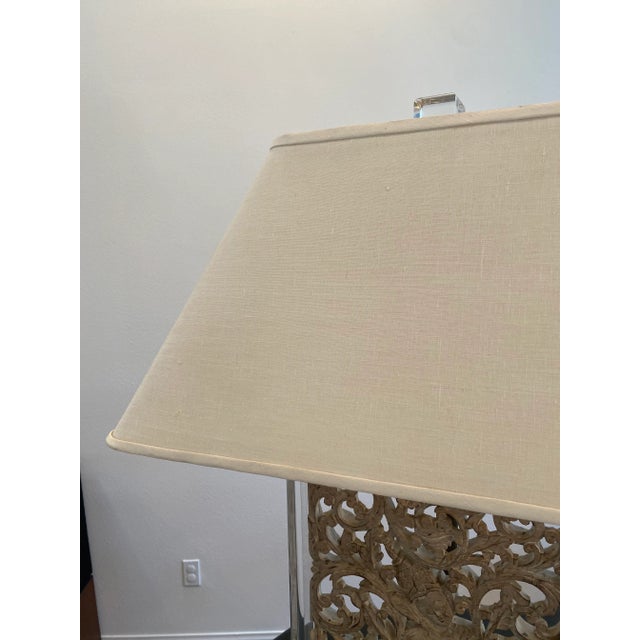 Plastic Balinese Carved Panel Table Lamp in Lucite Frame With Brass Hardware For Sale - Image 7 of 9