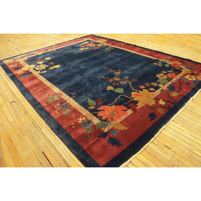 1920s Chinese Art Deco Carpet ( 9' x 11'8" - 275 x 355 ) Antique Art Deco Chinese Allover Floral Navy 1920s Rug, Circa...