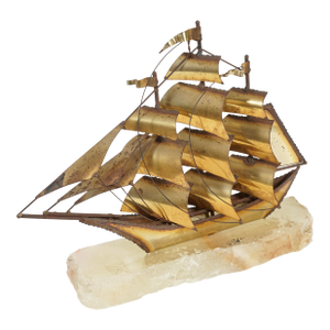 Vintage Mid-Century Modern Brutalist Brass and Stone Sculpture of a Clipper Ship by John DeMott.