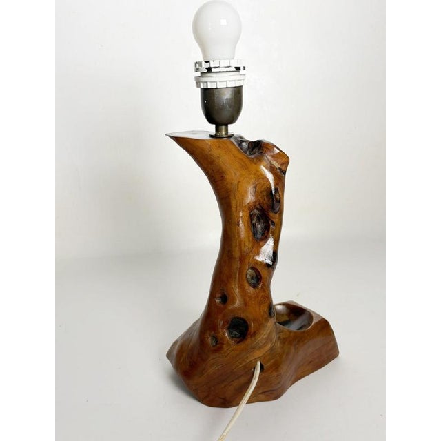 Brutalist Olive Wood Table Lamp, France, 1960s For Sale - Image 9 of 13