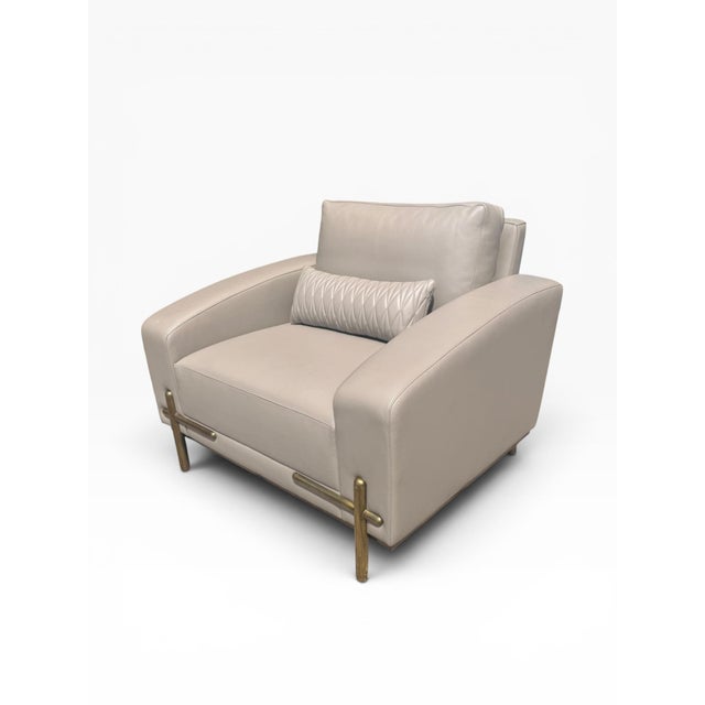 Contemporary Theodore Alexander Contemporary Taupe Leather Lounge Chair With Brass Accents For Sale - Image 3 of 16