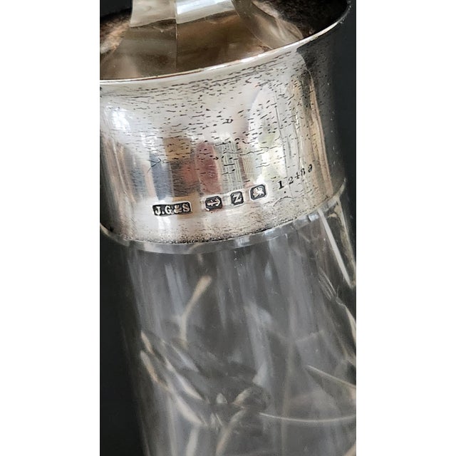 Victorian Antique English Sterling Silver & Cut Crystal Decanter Pair — 1899 Birmingham j.g & S Hallmarked, Etched Floral Pattern, Edwardian Bar Cart Accents For Sale - Image 3 of 16