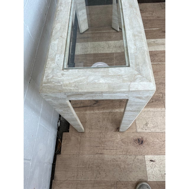 Hollywood Regency Karl Springer Maitland Smith Style Tessellated and Brass Waterfall Console Table For Sale - Image 3 of 12