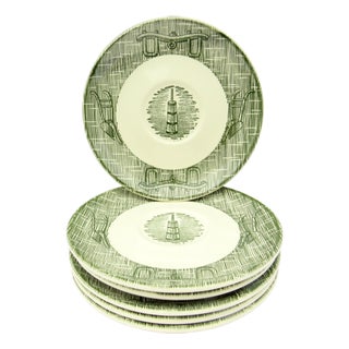 Farmhouse Chic Currier & Ives Green Transferware Plates, S/6 For Sale