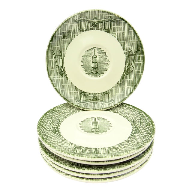 Farmhouse Chic Currier & Ives Green Transferware Plates, S/6 For Sale