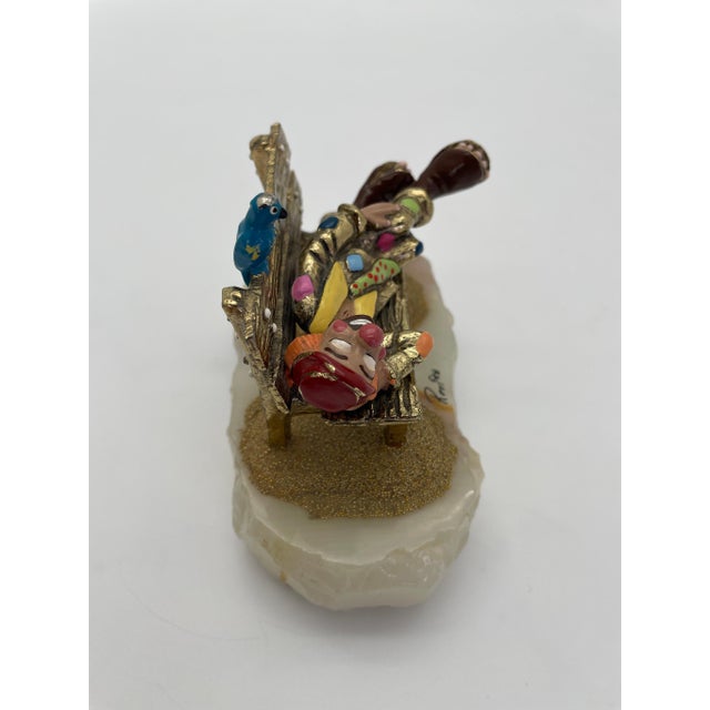1980s Vintage Ron Lee Circus Clown Sleeping on Park Bench Sculpture With Blue Bird, 1988 For Sale - Image 5 of 9