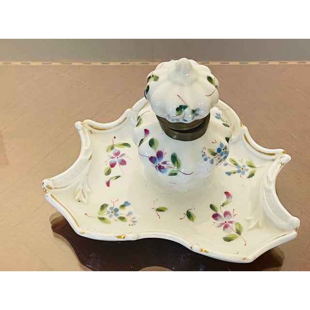 Antique German Handpainted Porcelain Inkwell Catchall For Sale - Image 4 of 4