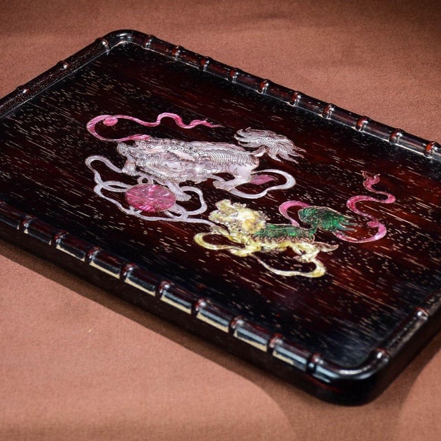 Wax Vintage Chinese Rosewood Tea Tray With Mother of Pearl Inlay & Lion Motif For Sale - Image 7 of 8