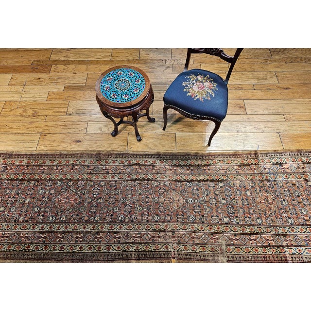 Camel Antique Serab Camel Hair Runner Rug, Hand-Knotted Wool, Allover Geometric Pattern, Red & Green, 3x12 For Sale - Image 8 of 18