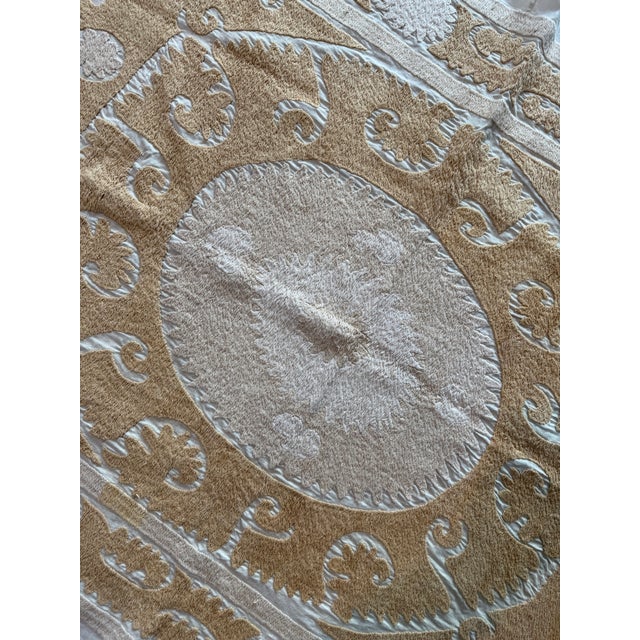 Mid-Century Modern Neutral Tan Uzbekistan Suzani Tablecloth For Sale - Image 3 of 7