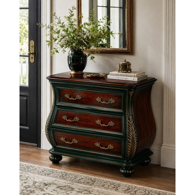 English Vintage Bombay Bombe Chest in Emerald City Mahogany Finish With Gold Gilded Accents For Sale - Image 3 of 6