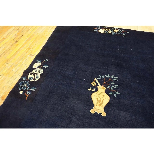 1920s Blue Navy Vase Minimalist Antique Chinese Peking Knotted Wool Rug Carpet For Sale In New York - Image 6 of 15