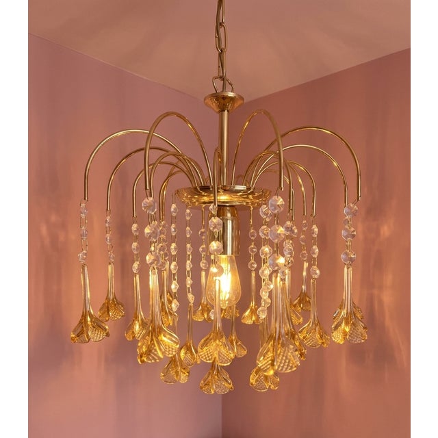 Vintage Gold Rain Chandelier with Crystals and Handmade Murano Glass Flowers, Italy, 1966 For Sale - Image 4 of 18