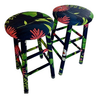 1960s Pair of Vintage Greeff "Summertime Collection" Fabric Wrapped Wooden Counter Stools For Sale