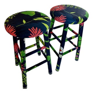 Pair of Vintage Greeff "Summertime Collection" Fabric Wrapped Wooden Counter Stools For Sale