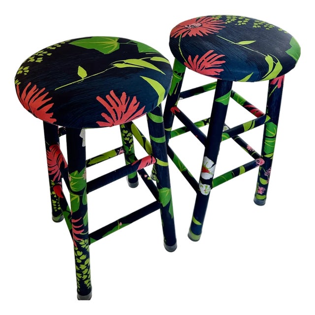 Pair of Vintage Greeff "Summertime Collection" Fabric Wrapped Wooden Counter Stools For Sale
