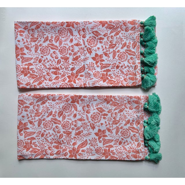 New Pair of Paper Source White Cotton Towels with Coral Floral design and Teal Tassels. Kitchen. Dish. Bath. Tea Towels....