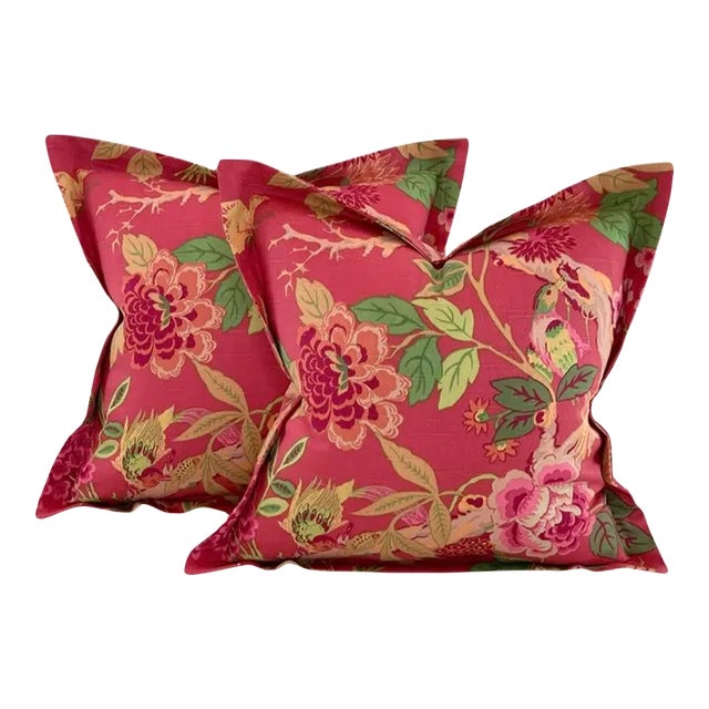 Richloom Green Orange Pink Tan Bird on a Vine Botanical Chinoiserie Floral Linen Pillow Covers- Pair For Sale