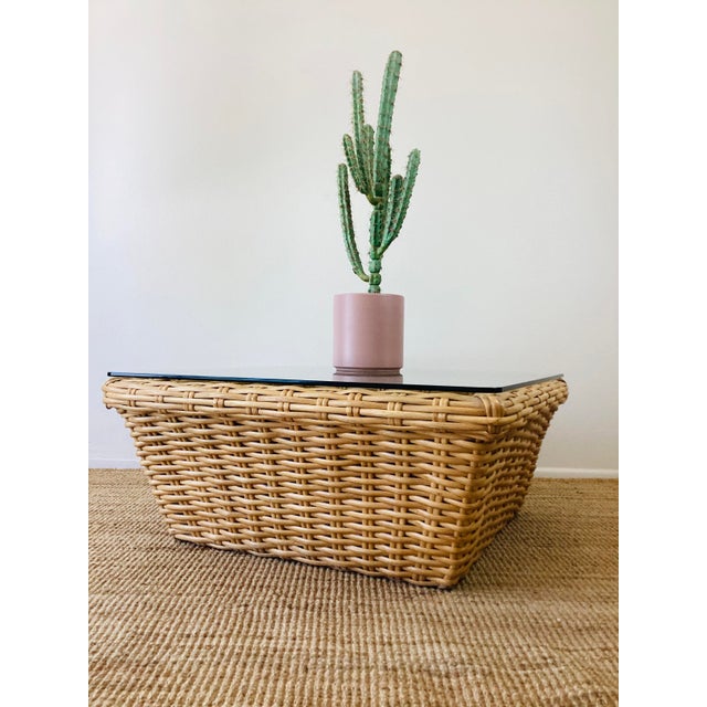 Vintage 1980s Woven Rattan / Reed Square Coffee Table McGuire Style For Sale - Image 10 of 11