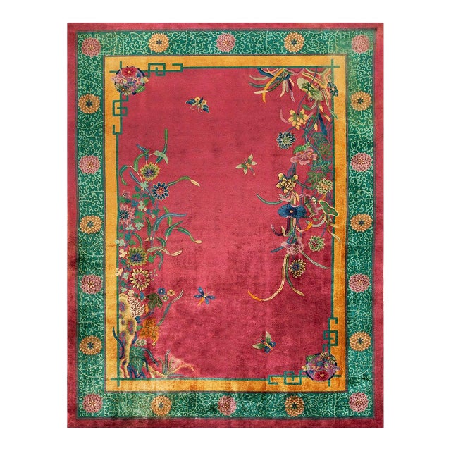 1920s Fuschia Floral Modern Antique Chinese Art Deco Rug 8'9" X 11'6" Handknotted Wool Carpet For Sale