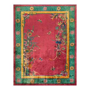 1920s Fuschia Floral Modern Antique Chinese Art Deco Rug 8'9" X 11'6" Handknotted Wool Carpet