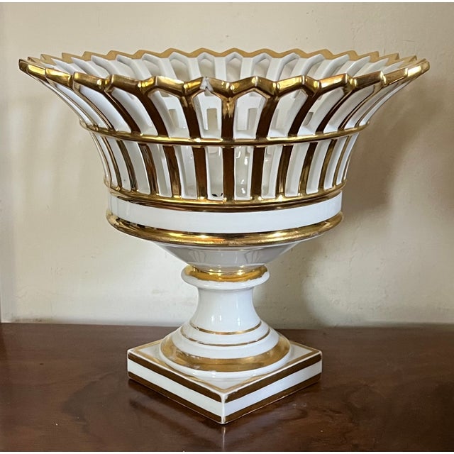 Antique 19th century old Paris porcelain reticulated pedestal basket - Schoelcher factory. Measures 9 1/4" diameter x 8"...