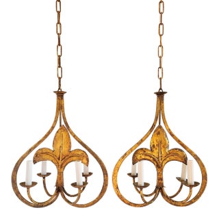 Vintage Spanish Gilt Iron Fleur-De-Lis Motif Chandelier Pendants-A Pair For Sale