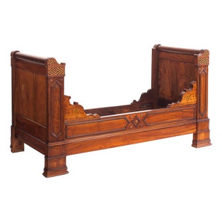 Walnut Single Bed with Marquetry Details, France, 1930s For Sale
