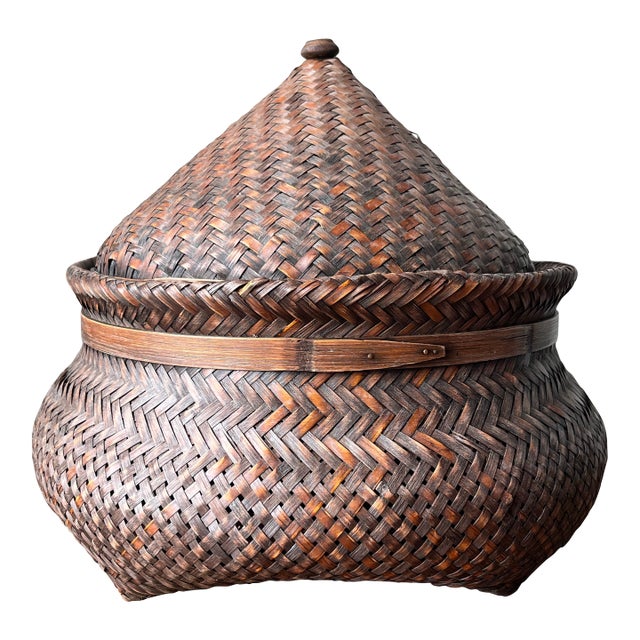 1950s Vintage Asian Woven Rattan and Bamboo Basket With Hat-Shaped Cover/Lid For Sale